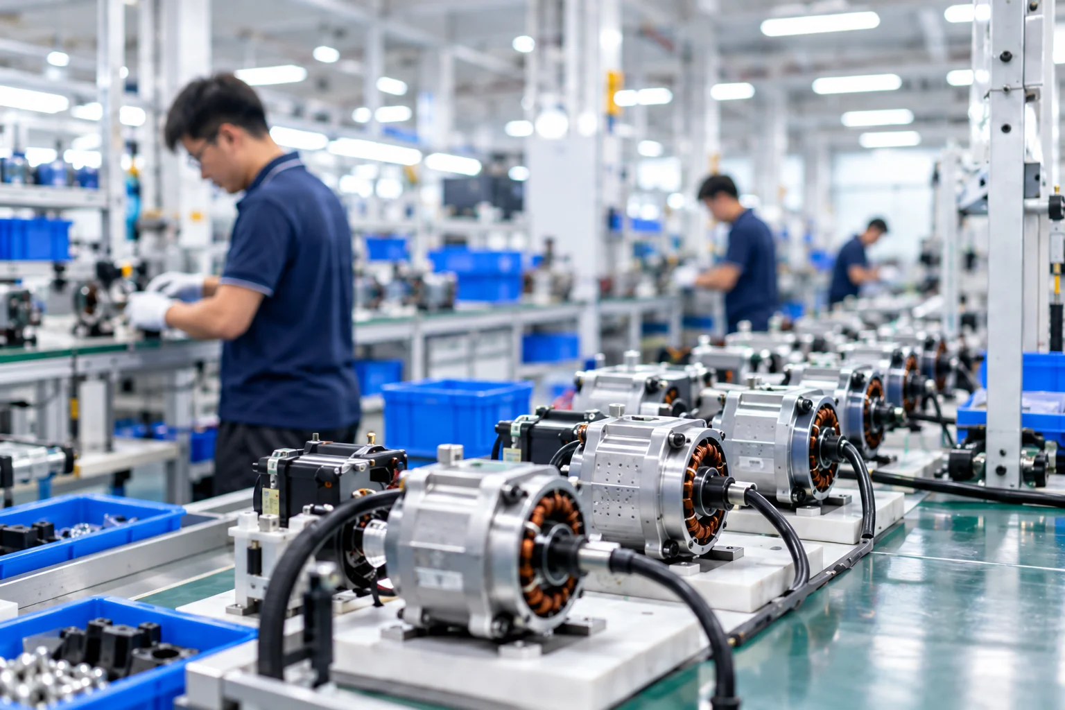 Concept illustration of small electric motors being assembled at production workstations.