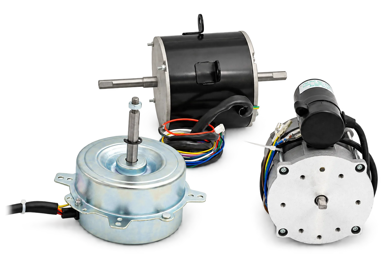 Three JIUHE motors: a round silver fan motor, a black double-shaft motor, and a motor with a silver mounting plate and capacitor.
