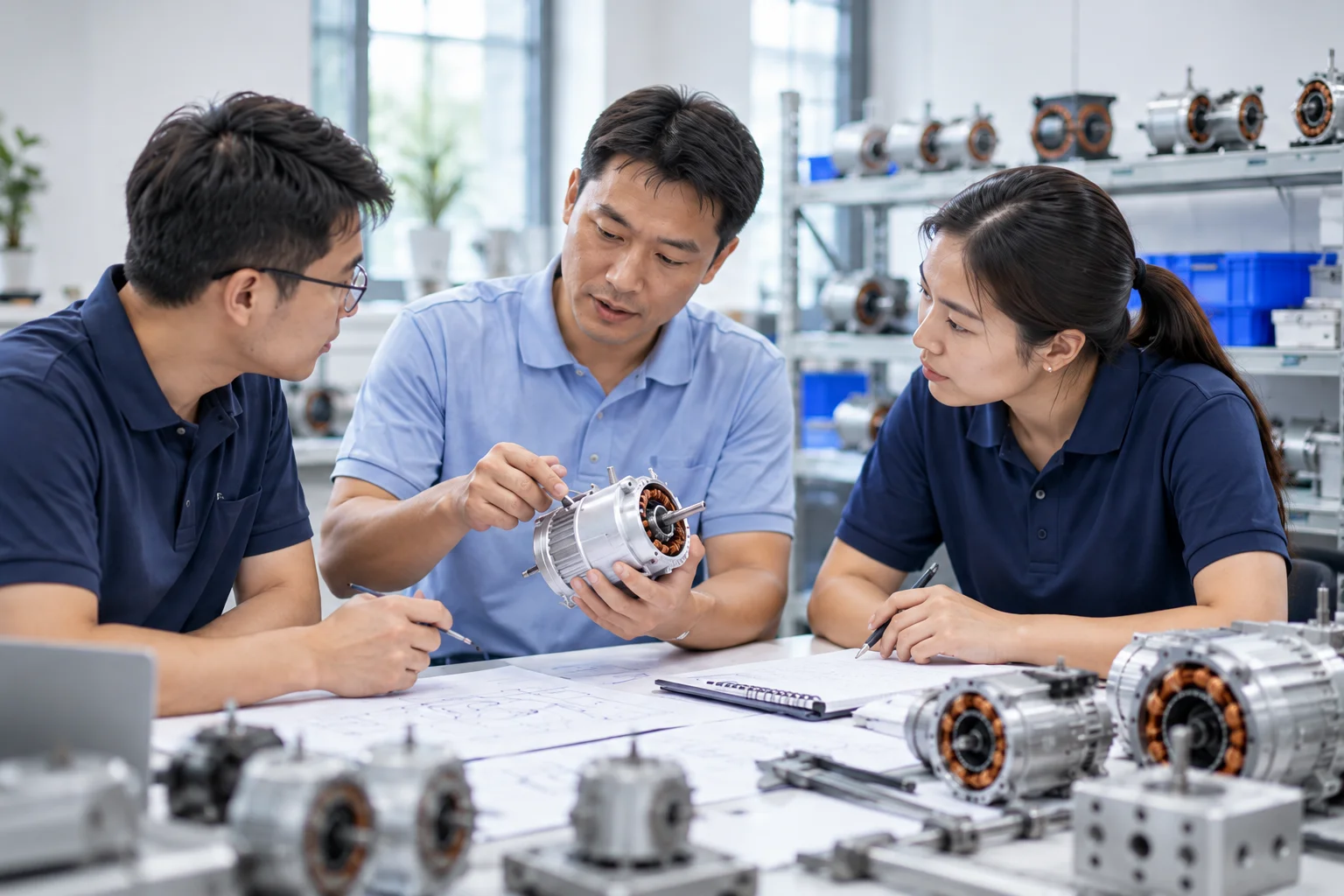 Concept illustration of three engineering colleagues discussing a compact motor and technical drawings.