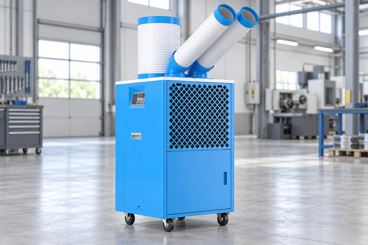 Generated concept image of a blue industrial portable air conditioner with twin cooling ducts in a workshop