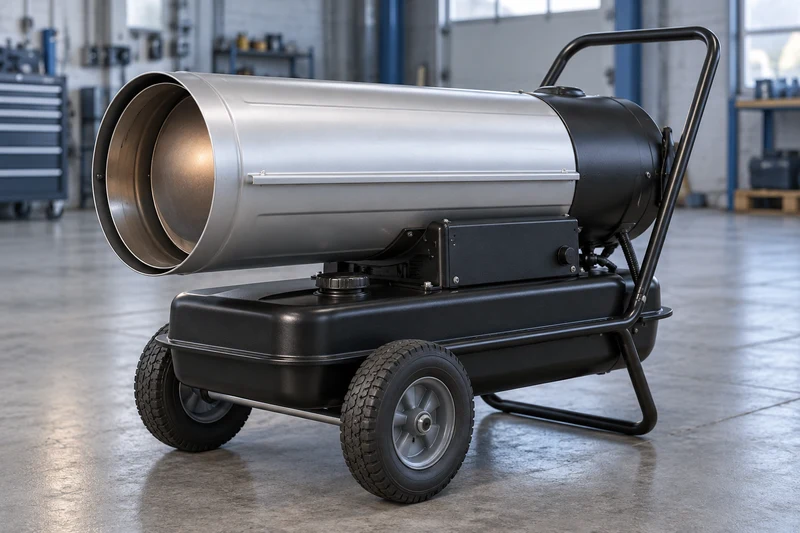 Concept image of a diesel torpedo heater in a workshop