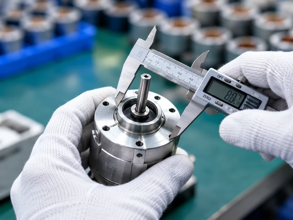 Concept illustration of a motor housing being checked with a digital caliper