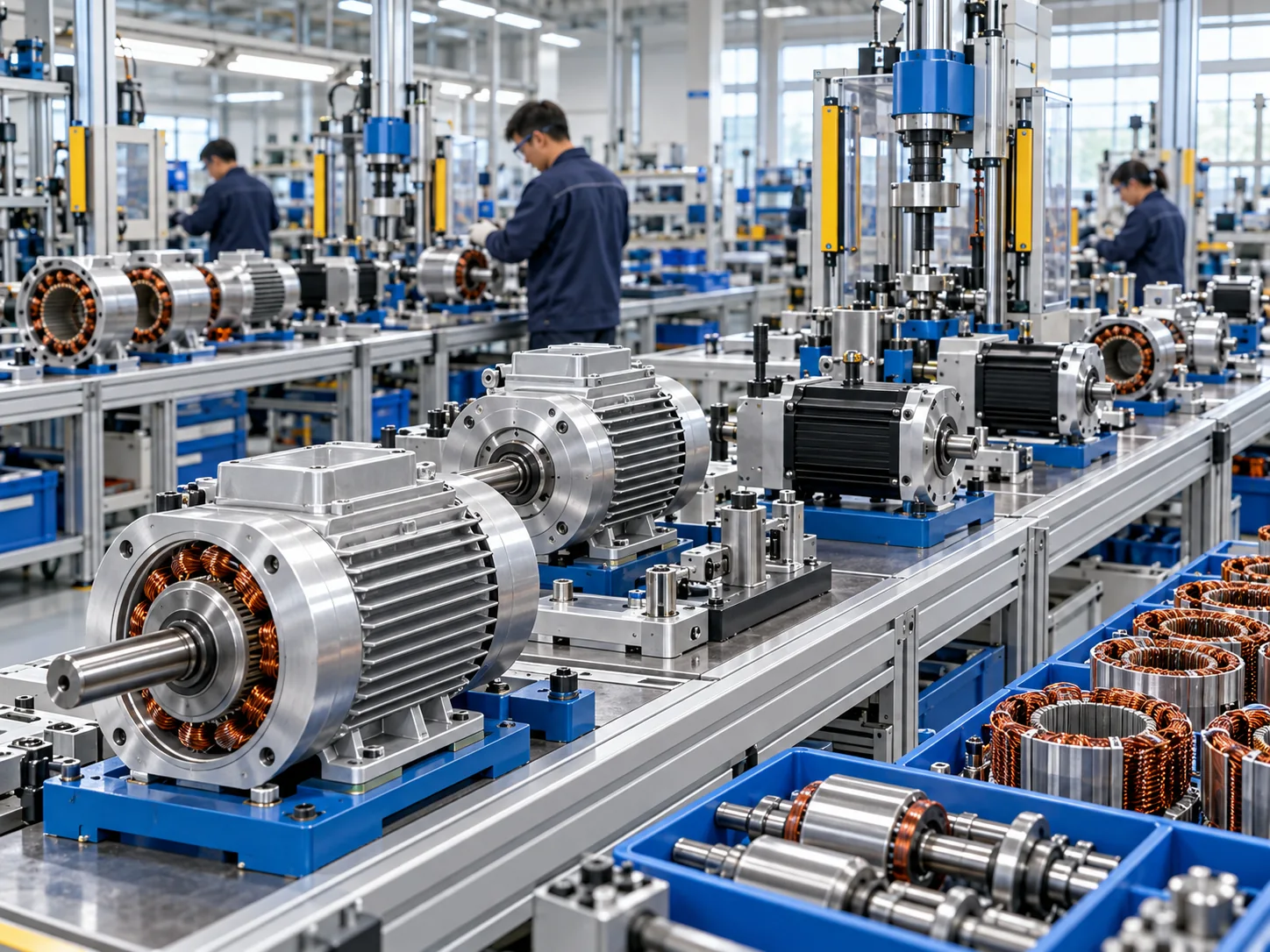 Concept illustration of electric motors on a configurable assembly line